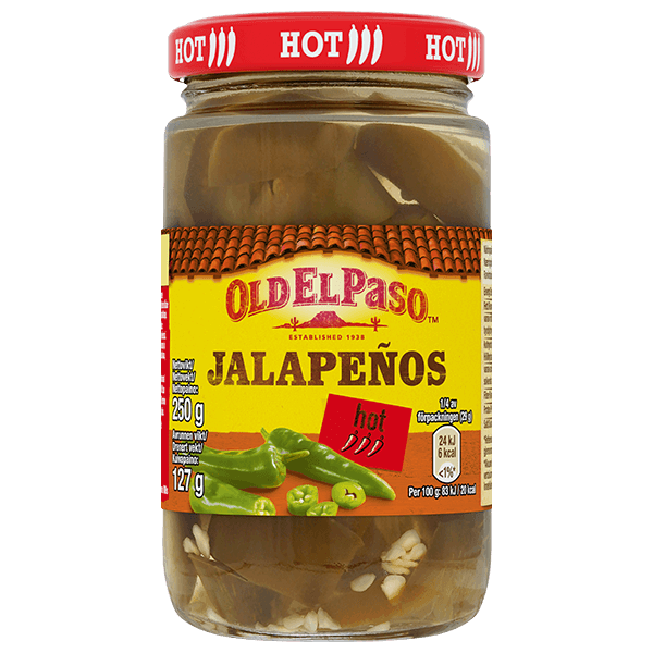 en glassflaske med Old El Paso oppskåret varme jalapenos, 250g