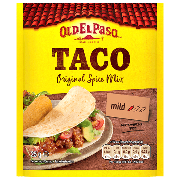 en pakke Old El Paso taco kryddermiks mild, 25g