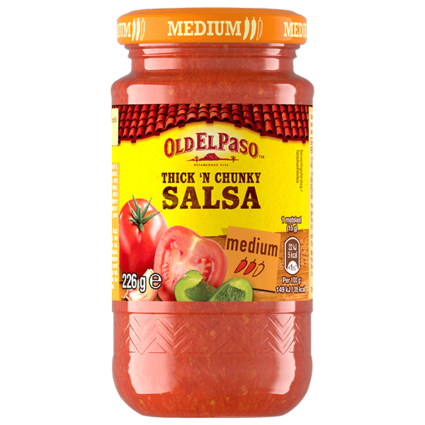 en glassflaske Old El Paso tykk og tykk salsa medium, 226g